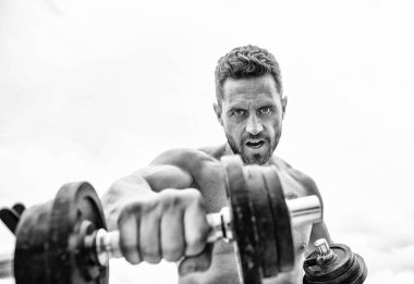 Kazanmak alışkanlıktır. Aptal egzersiz salonu. Dambılla egzersiz yapan kaslı bir adam. Güçlü gövdeli bir sporcu. Spor malzemeleri. Fitness ve vücut geliştirme sporu. Spor yaşam tarzı. Başarı seçimdir.