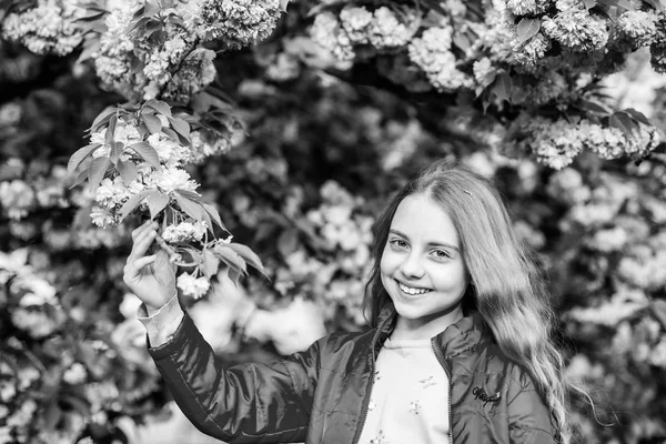 Frühjahrsstil. Sommer. Schönheit der Kindheit. Hautpflegekurort. Naturkosmetik für die Haut. glückliches Mädchen in Kirschblüte. Der Sakura-Baum blüht. kleines Mädchen Kind im Frühling blühen Blumen. Blütengeruch, Allergie — Stockfoto