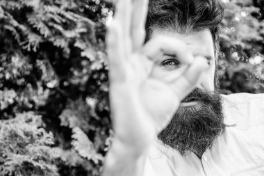 Mükemmel bir konsept. ok jest ile acımasız sakallı hipster. başarılı bir işadamı. iş başarısı. Gözetleme kıve ve gözlemlemek. Seni izliyorum. Mükemmel bir jest. Emin ol. Sonuçtan memnun
