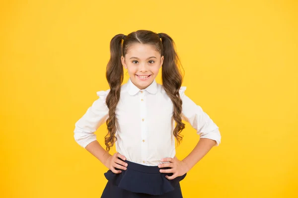 Tener éxito en el estudio. Una colegiala sonriente. Colegiala feliz emocional. Colegiala pupilo pelo largo lindo ponytails peinado. Programa educativo. Concepto de educación en el hogar. Club escolar. Feliz infancia. —  Fotos de Stock