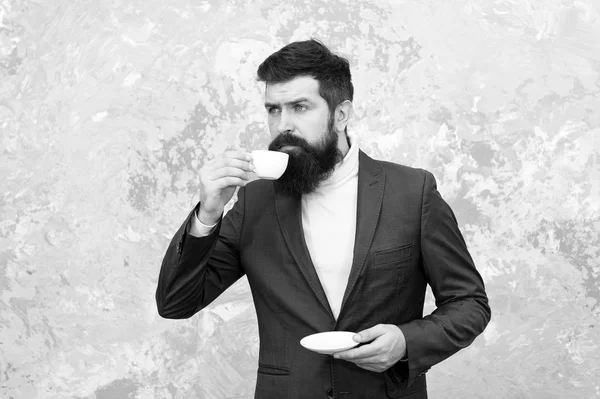 Morning inspiration. Male fashion model. Mature businessman. Brutal bearded hipster in formal suit. Modern life. elegant man with beard drink coffee. Tailor or fashion designer. Morning vibes in cafe