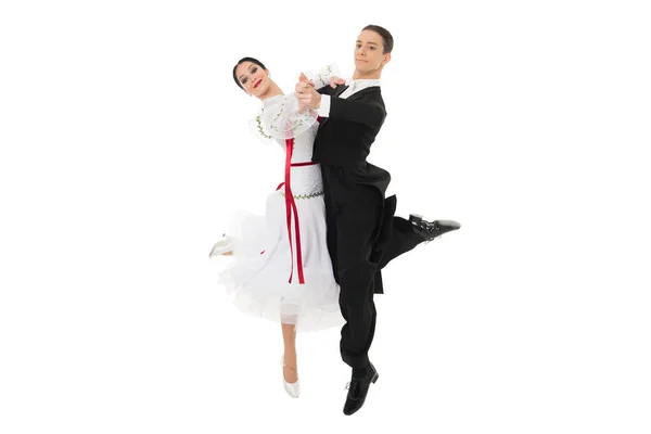 Standardtanzpaar in einer Tanzpose isoliert auf weißem Hintergrund. Standardtänzer tanzen Walzer, Tango, Slowfox und Quickstep — Stockfoto