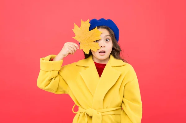 Φθινοπωρινή παιδική μόδα. Παριανό κορίτσι με γαλλικό μπερέ και κίτρινο παλτό. Ώρα για σχολείο. Παιδική ευτυχία. Φθινοπωρινή. πεσμένα φύλλα. Έκπληξη κοριτσάκι με φύλλο σφενδάμου. Με το δικό της στυλ — Φωτογραφία Αρχείου