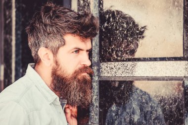 Sakal tımarı. Sakal bakımı. Erkeklik ve erkeklik. Adam çekici sakallı hipster açık havada poz. Yakışıklı adamın kendine güvenen duruşu. Uzun sakallı erkeksi bir görünüm. Berber konsepti