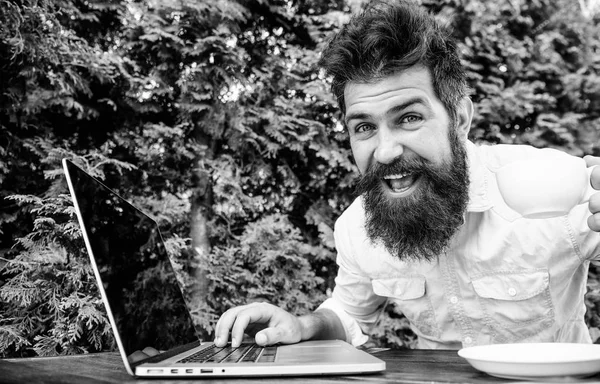 perfect deal. office worker. Successful businessman. agile business. Business success. happy man working on laptop. brutal bearded hipster at coffee break. Business conference