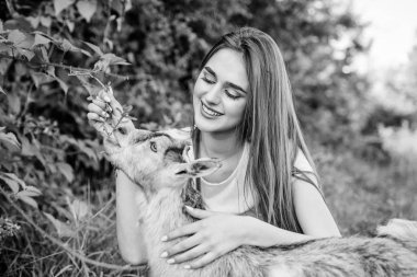 Merhaba evcil hayvanlar. keçiyi besleyen kadın veteriner. tarım ve tarım kavramı. Hayvanlar bizim dostumuz. mutlu kız keçi seviyorum. köy hafta sonu. yaz günü. Hayvanları sev ve koru. hayvanat bahçesiyle irtibata geçin. veteriner kuzu keçi