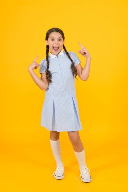 Sevimli örgüler. Örgülü saç stili olan kız. Kuaför salonu. Sarı arka planda liseli kız öğrenci. Düzenli saç modeli. Sevimli örgülü küçük kız. Güzel örgüler. Örgülü saç modeli konsepti