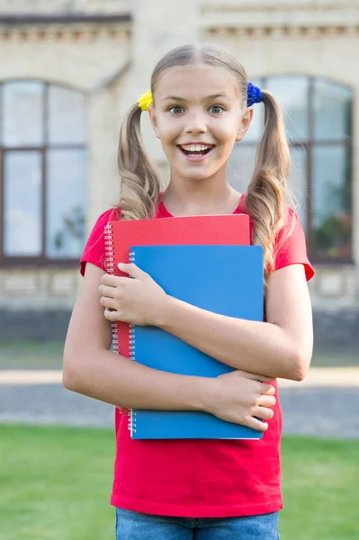 Lograr altos estándares. Lindo pequeño ratón de biblioteca. Lindo niño sonriente sostiene libros fondo institución educativa. Niña estudiante de escuela. Estudiante de secundaria. Concepto de educación escolar — Foto de Stock