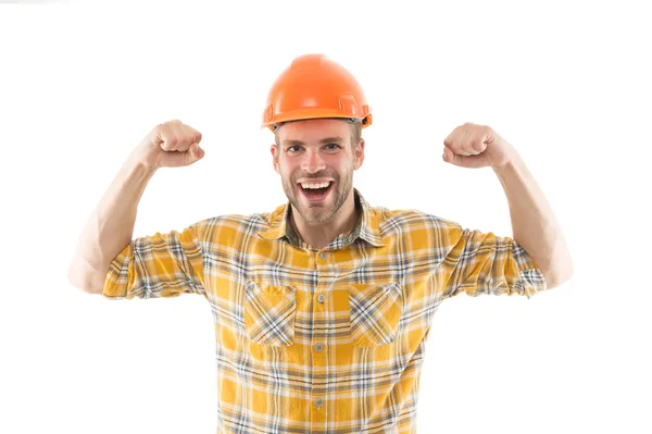 Successful engineer. Strong handsome builder. Man protective helmet and uniform white background. Worker builder confident and successful. Protective equipment concept. Builder enjoy success — Stock Photo, Image