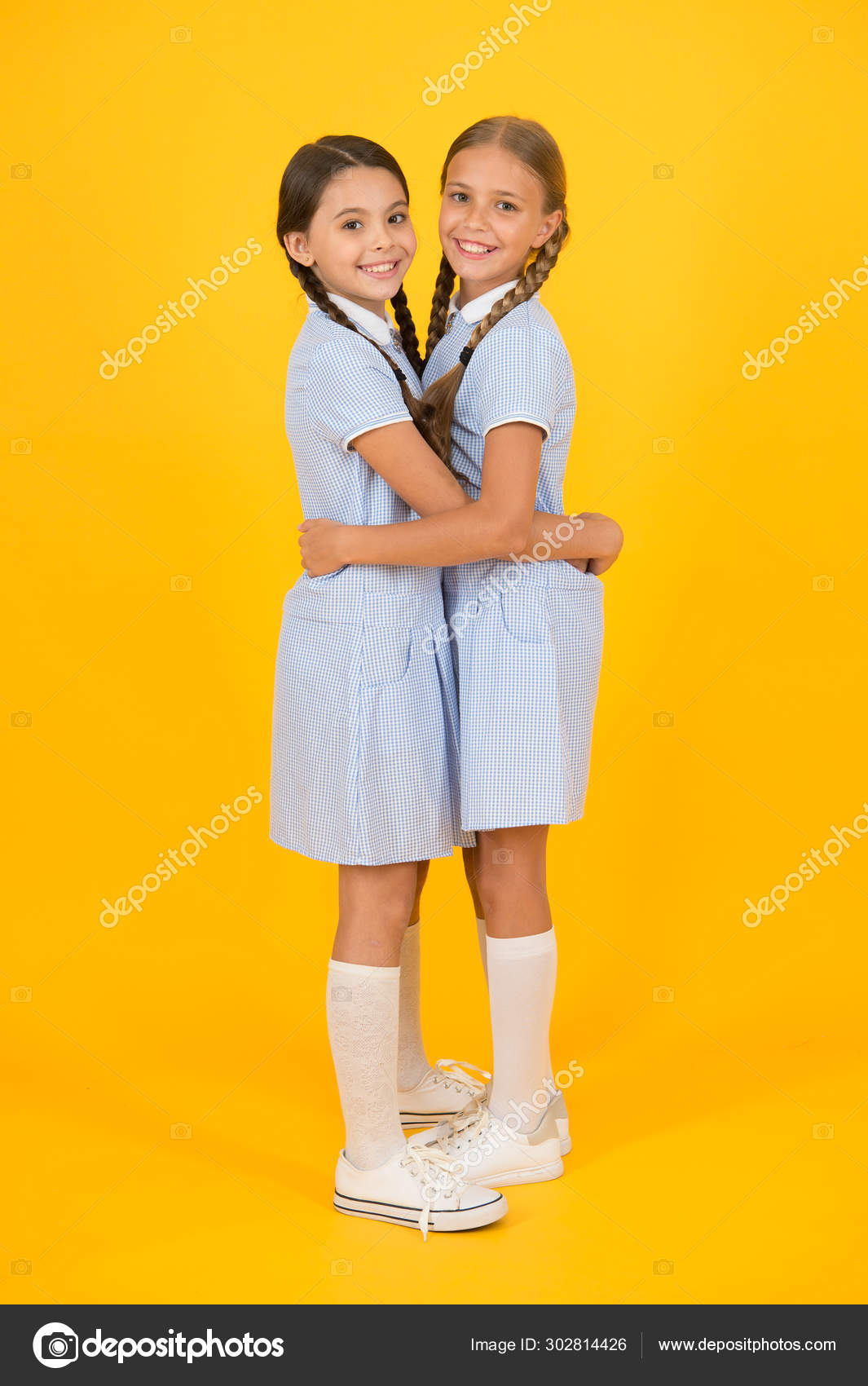 Friendly Hug Beautiful Schoolgirls Best Friends Back To School