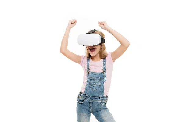 Enjoying new experience. The future of VR is here. Little girl wearing virtual reality headset. Future of entertainment and education. The future of entertainment. Future concept — 스톡 사진