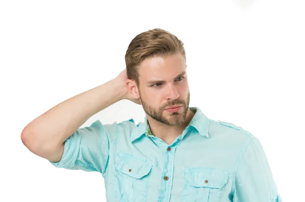 O cabelo dele fala por si. Bonito cara tocando cabelo estilo. Homem caucasiano com barba elegante e cabelo bigode isolado em branco. Homem barbudo com pêlos faciais raspados e corte de cabelo na moda — Fotografia de Stock