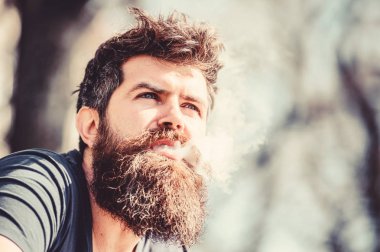 Sakallı adam. Sağlık güvenliği ve bağımlılık. Buhar soluyarak. Hipster adam buhar makinesi tutuyor. Sakallı, olgun bir hippi. Elektronik sigara içen bir adam. Elektronik sigara içen vahşi erkek sakallı.