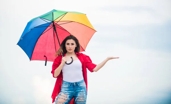 Real relaxation. pretty woman with colorful umbrella. carefree time spending. autumn fashion. Rainbow umbrella protection. rainy weather. Fall positive mood. autumn weather forecast — Stock Photo, Image