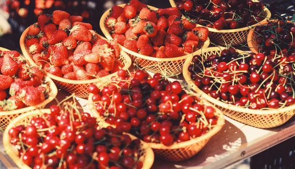 Cherries and strawberries in baskets for sell. Farm market. Summer harvest. Red ripe berries. Juicy berries from garden. Buy fresh fruits. Organic berries. Healthy delicious snack. Homegrown berries — Stock Photo, Image