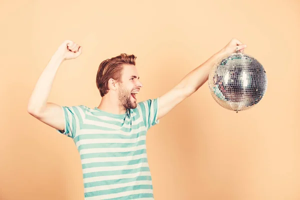 Best party. happy party-goer. party time. birthday celebration. christmas or new year holiday. man dancing on disco. having fun. lets celebrate. prom party. event manager. man with disco ball — Stock Photo, Image