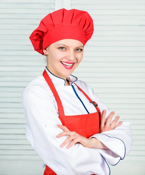 Restaurant staff hiring. Welcome to my culinary show. Woman pretty chef wear hat and apron. Uniform for professional chef. Best culinary recipes to try. Lady smiling adorable chef teach culinary — Stock Photo, Image