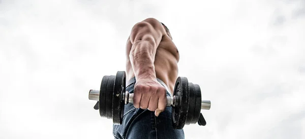 Tipos de esteroides anabólicos usos y riesgos. Hombre musculoso haciendo ejercicio con mancuerna. Deportista con espalda y brazos fuertes. Equipamiento deportivo. Deporte culturismo. Estilo de vida deportivo. Gimnasio de ejercicio Dumbbell —  Fotos de Stock