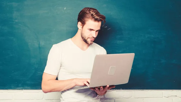 Programming web development. Digital concept. Student learn digital world. School teacher with laptop. Handsome man use modern technology. Digital technology. Surfing internet. Online communications — Stock Photo, Image