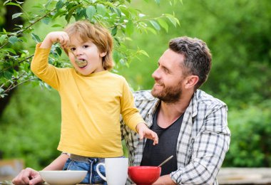 Yaz kahvaltısı. Sağlıklı gıda kavramı. Aile hafta sonu. Baba oğul yemek yer ve eğlenir. Çocuklar için menü. Ev yapımı yemek. Yemek alışkanlıkları. Baba gıda piknik bahçesinde doğa arka plan yeme ile küçük çocuk