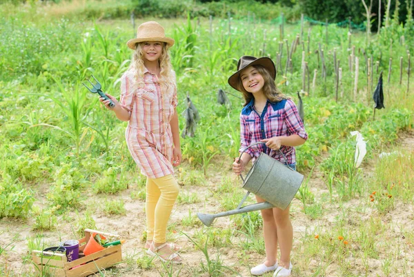 Atmosphère chaude. protéger la nature. Une récolte riche. Jour de la Terre. ferme familiale d'été. une agriculture heureuse. printemps côté campagne. les petites filles paysannes dans le jardin du village. enfants travaillent dans l'outil de jardinage d'utilisation sur le terrain — Photo