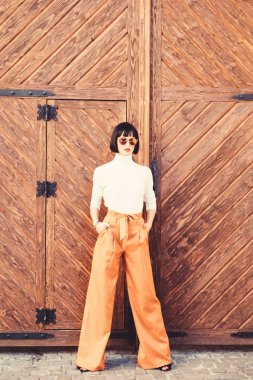 Kadınlık ve vurgu kadınsı rakam. Kız gevşek yüksek belli pantolon giymek. Moda Dükkanı. Yüksek belli pantolon moda trend. Yüksek bel pantolon. Kadın çekici esmer moda giysi giymek