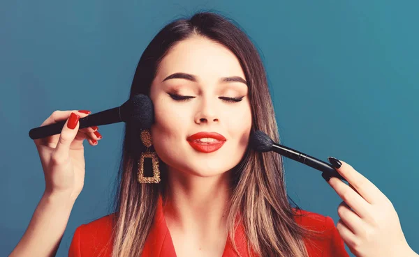 Makeup courses. Gorgeous lady make up red lips. Attractive woman applying makeup brush. Perfect skin tone. Stunning beauty. Looking good and feeling confident. Professional makeup supplies shop