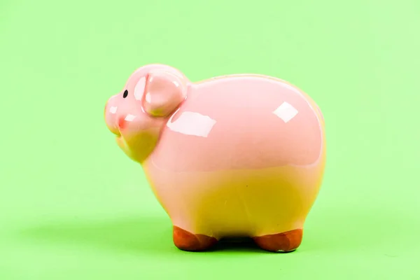 Come to work and get your first salary. money saving. financial problem. income management. planning budget. piggy bank on green background. fat ceramic pig. full of money. luck and success