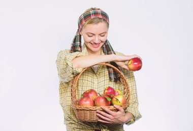 En iyisini seçmek. organik vejetaryen. sağlıklı dişler. Elma yiyen mutlu kadın. meyve bahçesi, elma sepeti ile bahçıvan kız. bahar hasadı. yaz meyvesi. vitamin ve diyet gıda. En iyi elma seçimi