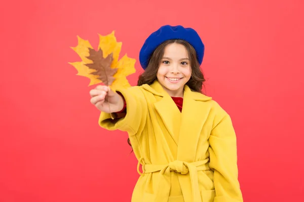 Trendy beauty. school time. childhood happiness. fall season. fallen leaves bunch. parisian girl child in french beret and yellow coat. happy little girl with maple leaf. autumn kid fashion
