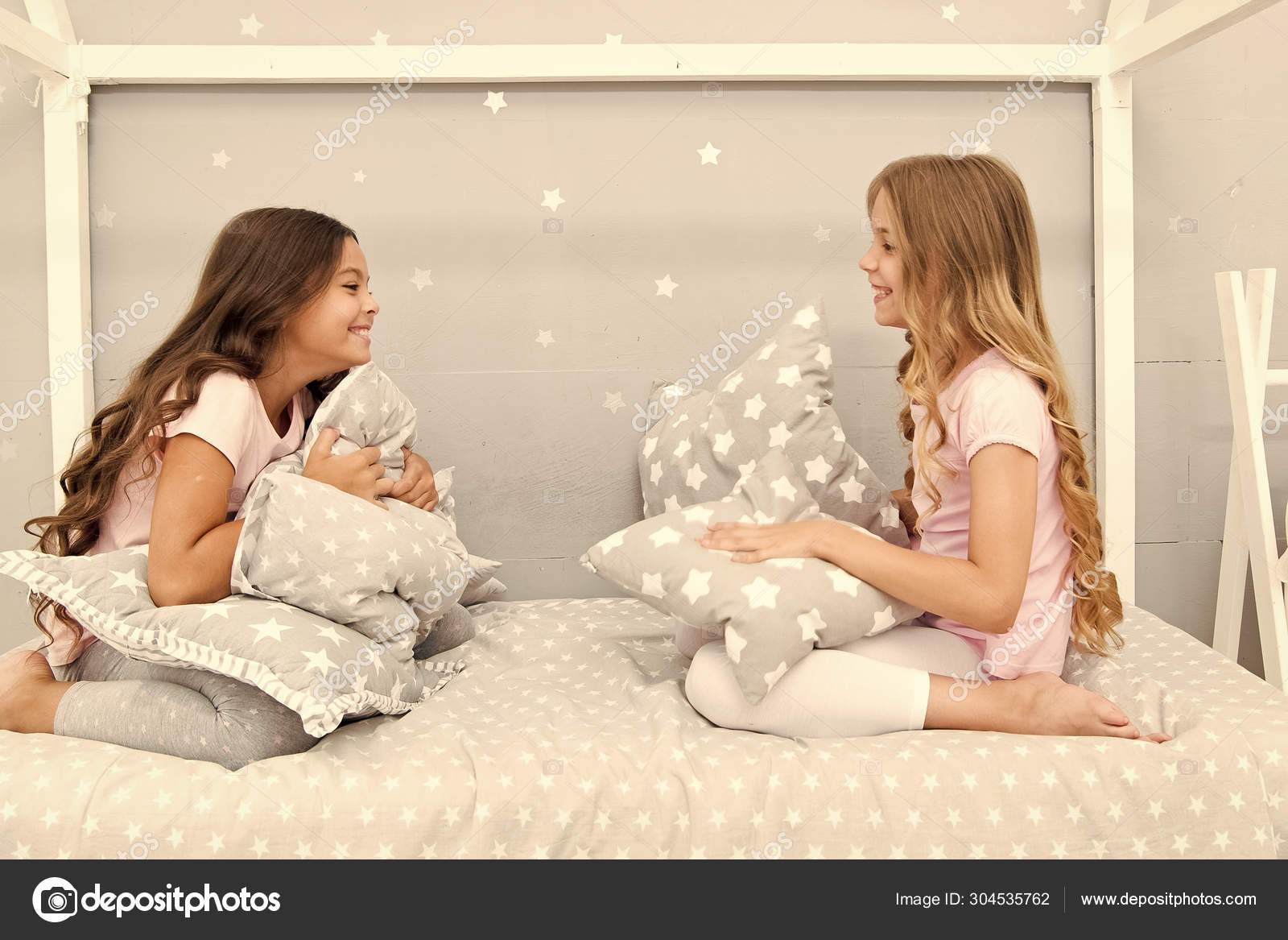 Sleepover party Girls happy best friends or siblings in