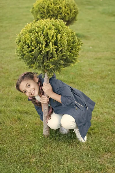 Spring fashion for little girl. Happy child with thuja. Nature landscape design. Parks and outdoor. Autumn weather. Cypress tree. Little girl with trendy hairstyle. Hello spring. Enjoying autumn day