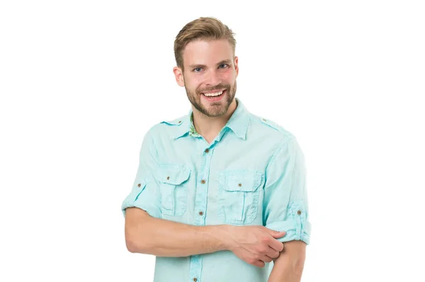 Genuine smile of a cheerful guy. Happy guy isolated on white. Bearded guy smiling in casual summer style. Caucasian handsome guy with sexy smile on bearded face and stylish blond hair — Stock Photo, Image