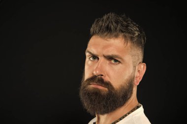 Sakallı yüze daha fazla stil getirin. Siyah zeminli sakallı adam. Şık saç kesimi ile ciddi sakallı hipster. Sakallı yüzünde bıyık ve sakal takan vahşi beyaz adam, kopya alanı