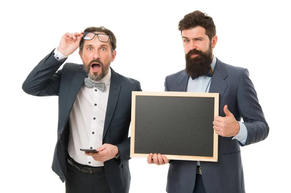 Announcement. party invitation. businessmen use phone, copy space. bearded men hold advertisement blackboard. partners celebrate start up business isolated on white. welcome on board announcement — Stock Photo, Image
