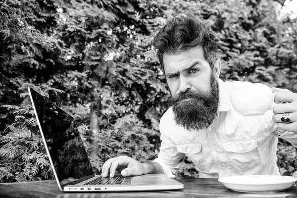 Remote job. Freelance professional occupation. Caffeine booster for productivity. Online blog. Blogger freelance editor. Workaholic stereotype. Drink coffee work faster. Bearded man freelance worker