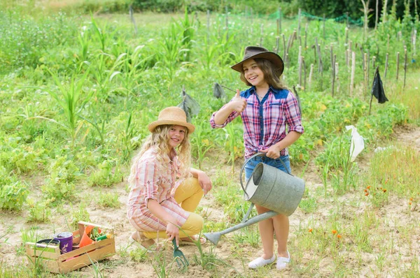 Like what you do. protect nature. Rich harvest. happy farming. spring country side. small girls farmer in village garden. earth day. summer family farm. children work in field use gardening tool