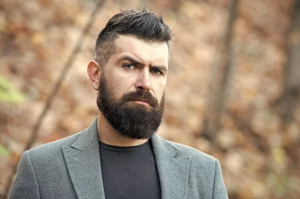 Aspecto hipster. Hombre barbudo hipster elegante abrigo de moda. Elegante barba y bigote otoño y temporada de invierno. Barbudo y fresco. Las puntas de barbero mantienen la barba. Barba moda y concepto de barbero —  Fotos de Stock