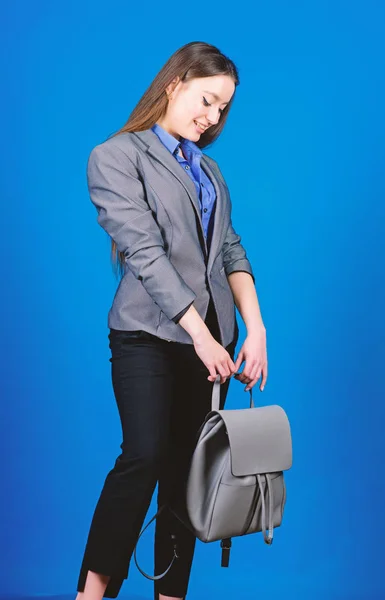 Girl student in formal clothes. female bag fashion. business. Shool girl with knapsack. student life. Smart beauty. Nerd. stylish woman in jacket with leather backpack. You must study — Stock Photo, Image