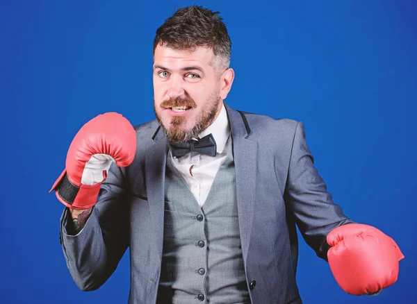 Business and sport success. businessman in formal suit and tie. powerful man boxer ready for corporate battle. man in boxing gloves punching. knockout and energy. Fight. Never give up and keep moving — Stock Photo, Image