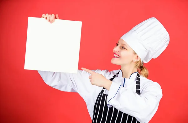 Chef author culinary book. Cooking food and culinary as hobby. Woman reading cook book in kitchen. Tips and advice. Cooking food. Delicious and gourmet. Cook looking for cooking recipe in cookbook — Stock Photo, Image