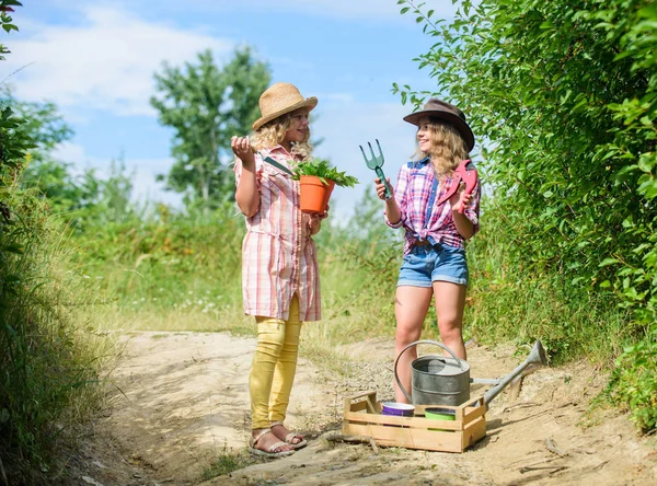 Farming and agriculture. spring country side. children hold gardening tools. small girls farmer in village. earth day. summer family farm. ecology and environmental protection. Take you flower — Stock Photo, Image