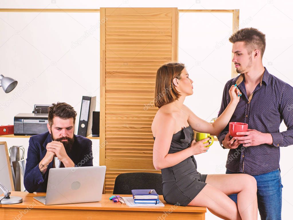 Woman flirting with coworker. Woman attractive working man colleague. Office collective concept. More than just friends. Sexual desire. Flirting and seduction. Flirting with coworker coffee break