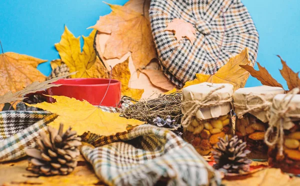 Set three honey natural sweets in jars and mug of tea background covered fallen leaves. Autumnal beverage with homemade natural sweets. Natural homemade treats autumn season keep healthy