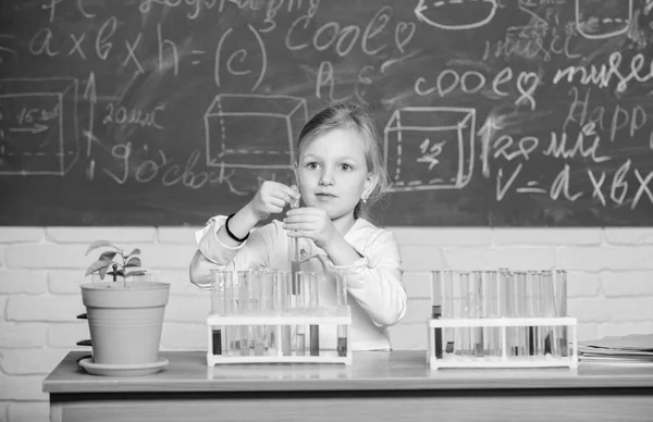 Fedezze fel és vizsgálja meg. Iskolai óra. Lány aranyos tanuló játszani kémcsövek és színes folyadékok. Iskolai kémiai kísérlet. Iskolai oktatás. Érdekes megközelítés a tanuláshoz. Jövőbeli tudós — Stock Fotó