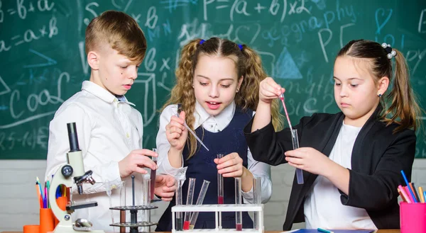 그룹 학교 학생들은 화학 액체를 연구합니다. 소녀와 소년 학생은 액체와 학교 실험을 실시합니다. 학교 화학 수업. 물질이있는 테스트 튜브. 정식 교육. 학교 실험실 — 스톡 사진