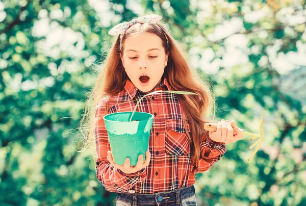 Anak menggemaskan memegang pot bunga dan alat berkebun cangkul. Berkebun adalah pekerjaan meditasi damai. Kelas berkebun. Tempat penitipan. Pendidikan ekologi. Gadis kecil menanam tanaman. Musim tanam — Stok Foto