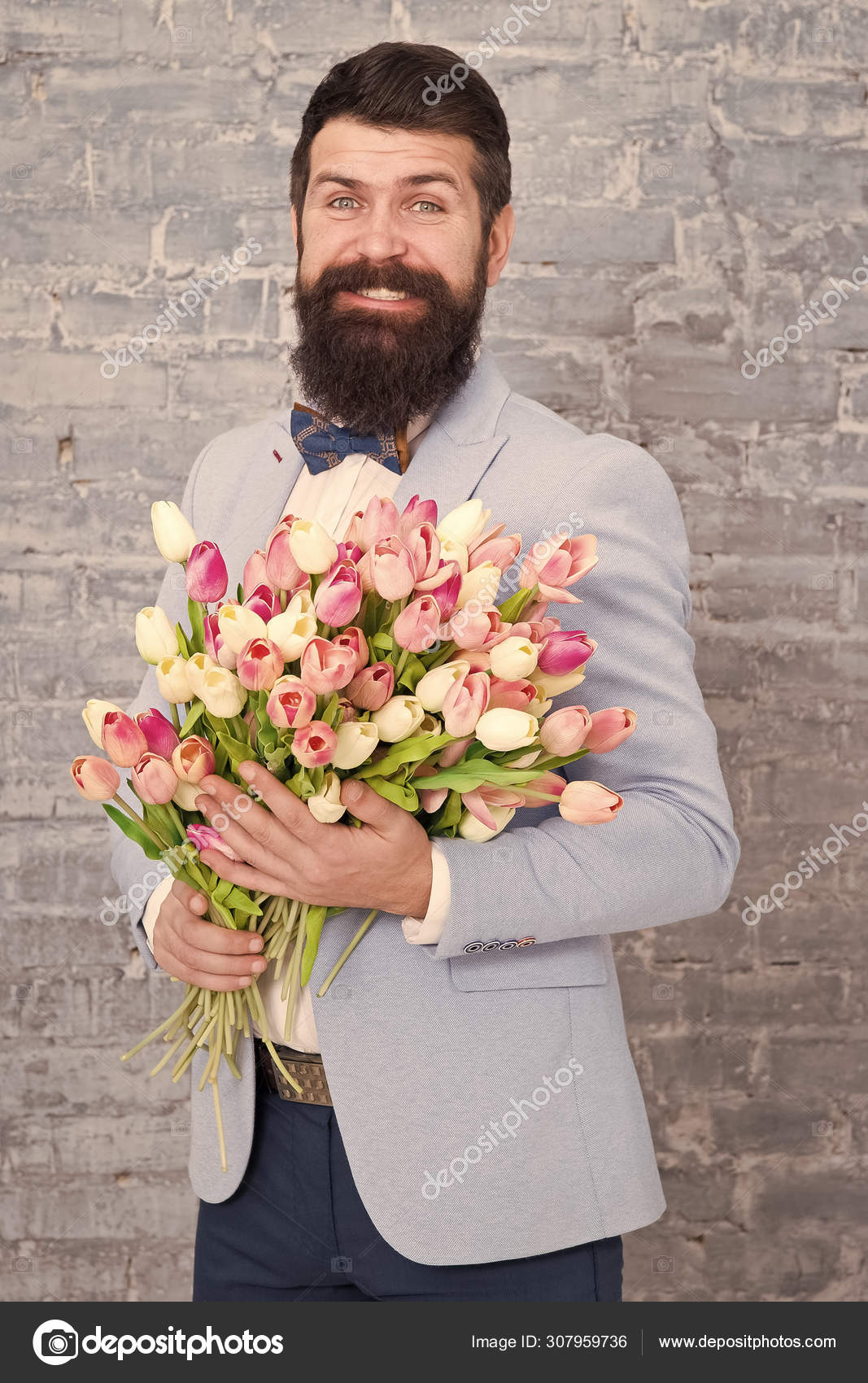 Womens Day Flower For March 8 Love Date International Holiday Bearded Man With Tulip Bouquet Spring