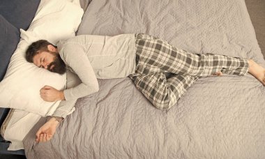 vahşi uykucu adam yatak odasında. Yatakta pijamalı, sakallı olgun bir erkek. Uyuyor ve uyanık. Enerji ve yorgunluk. Sakallı hippi adam sabahları uyur. Derin uykuda. Parti bittiği zaman.