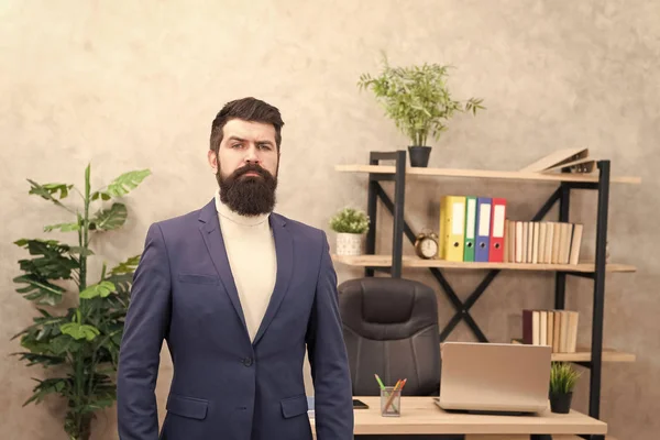 Good boss is good leader. Man bearded hipster boss looking at you with attention. Boss standing in office. Boss receive complaints. Executive director and ceo are leadership titles in organizations